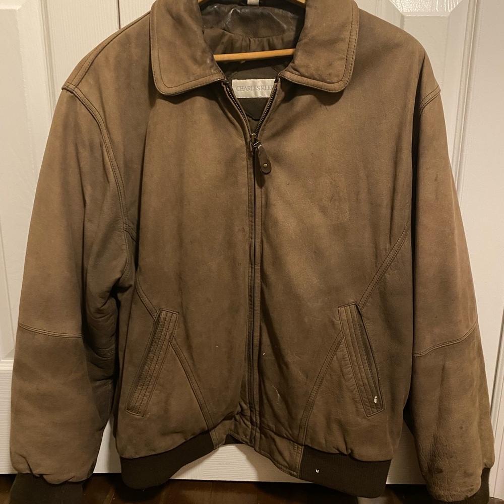 L vintage Charles Klein genuine leather brown bomber zip ribbed cuff 3 pockets